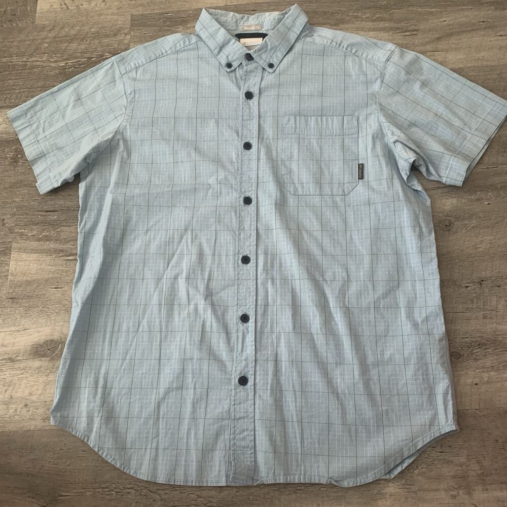 Columbia Shirt Mens Large Reg Blue Plaid Short Sleeve Button Up Cotton Stretch